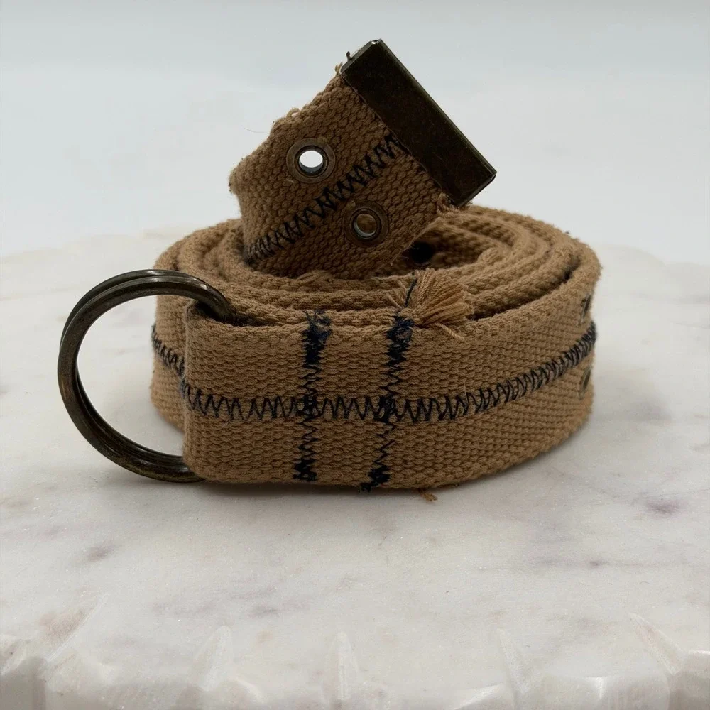 Mens Tan Canvas Web Belt Double Grommet D-Ring Buckle Zigzag Stitch 50 Inch
